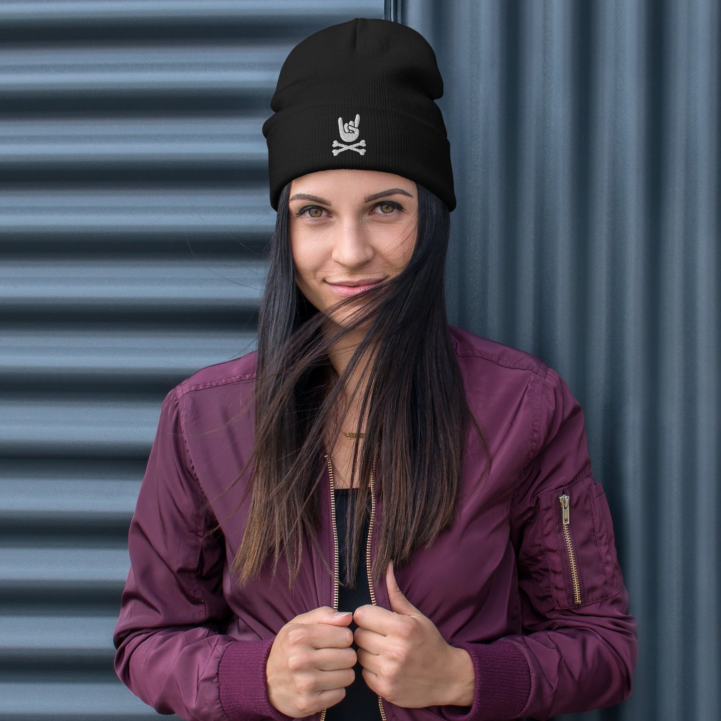 Metal horns up big hand embroidered Beanie