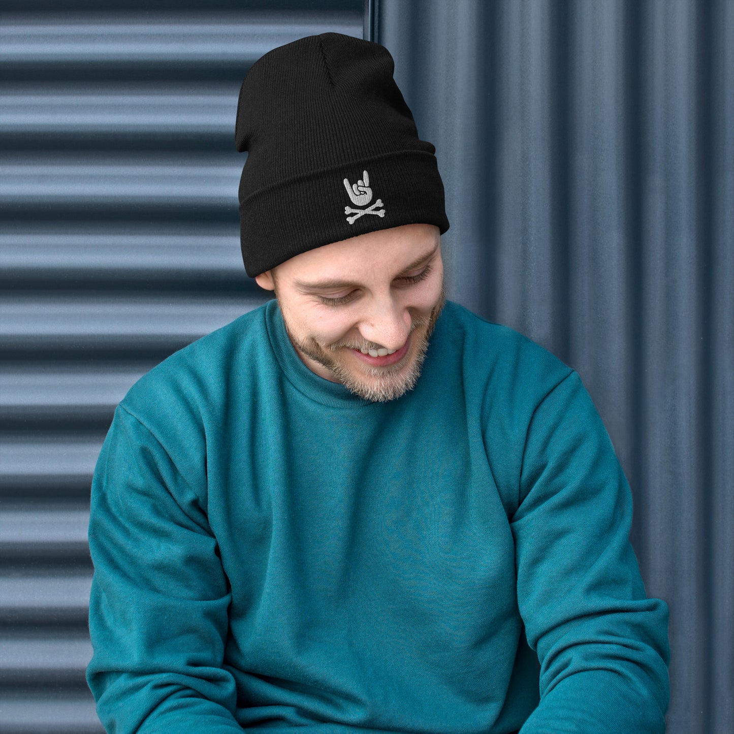 Metal horns up big hand embroidered Beanie