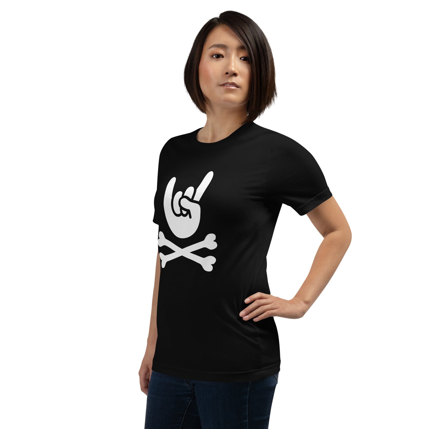 Metal Horns Up big hand to metal round neck black t-shirt women