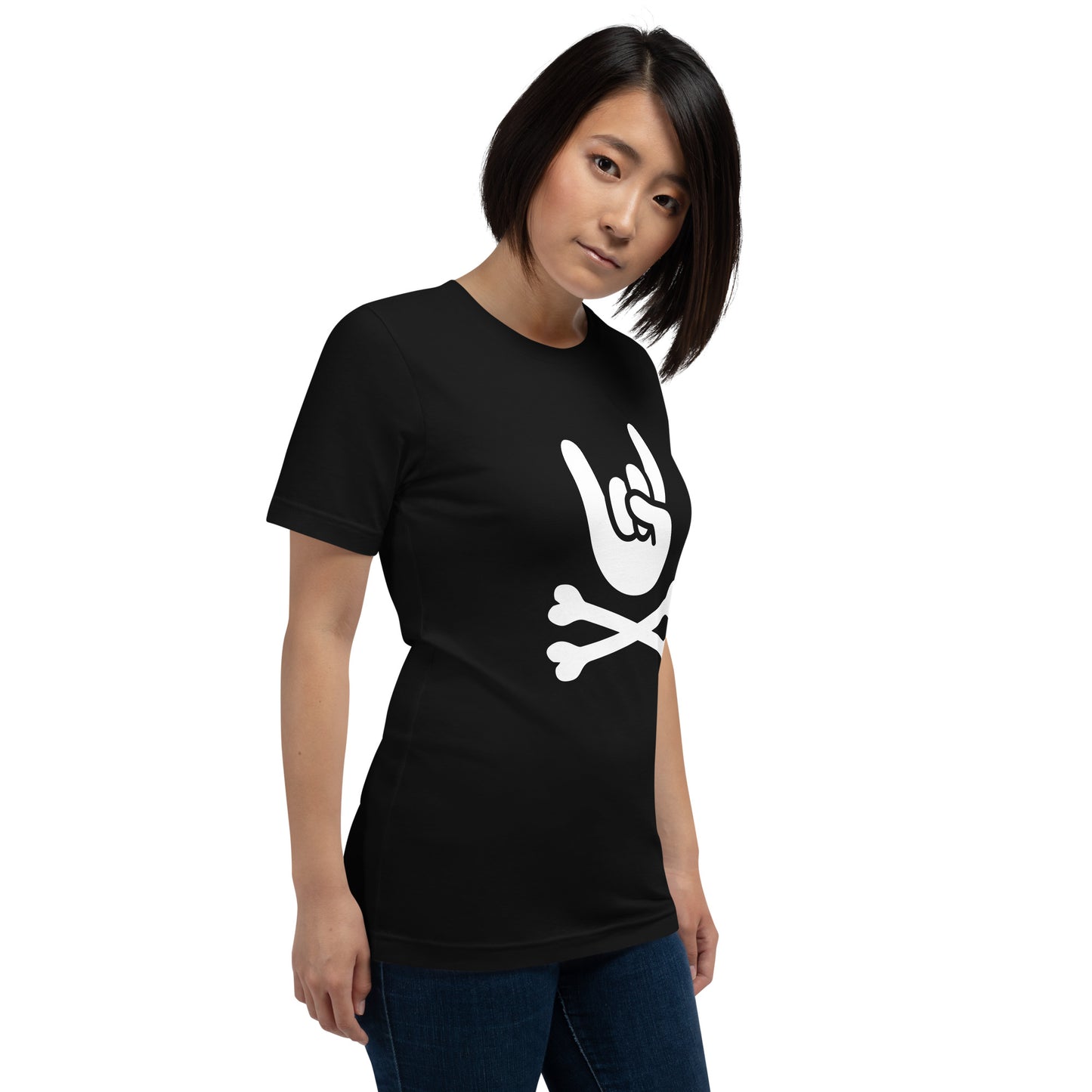Metal Horns Up big hand to metal round neck black t-shirt women
