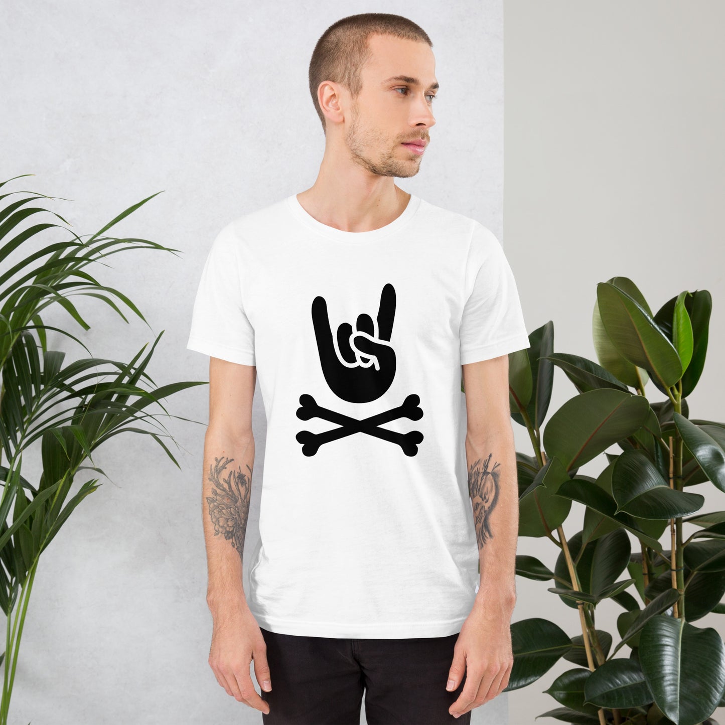 Metal Horns Up big hand to metal round neck white t-shirt men