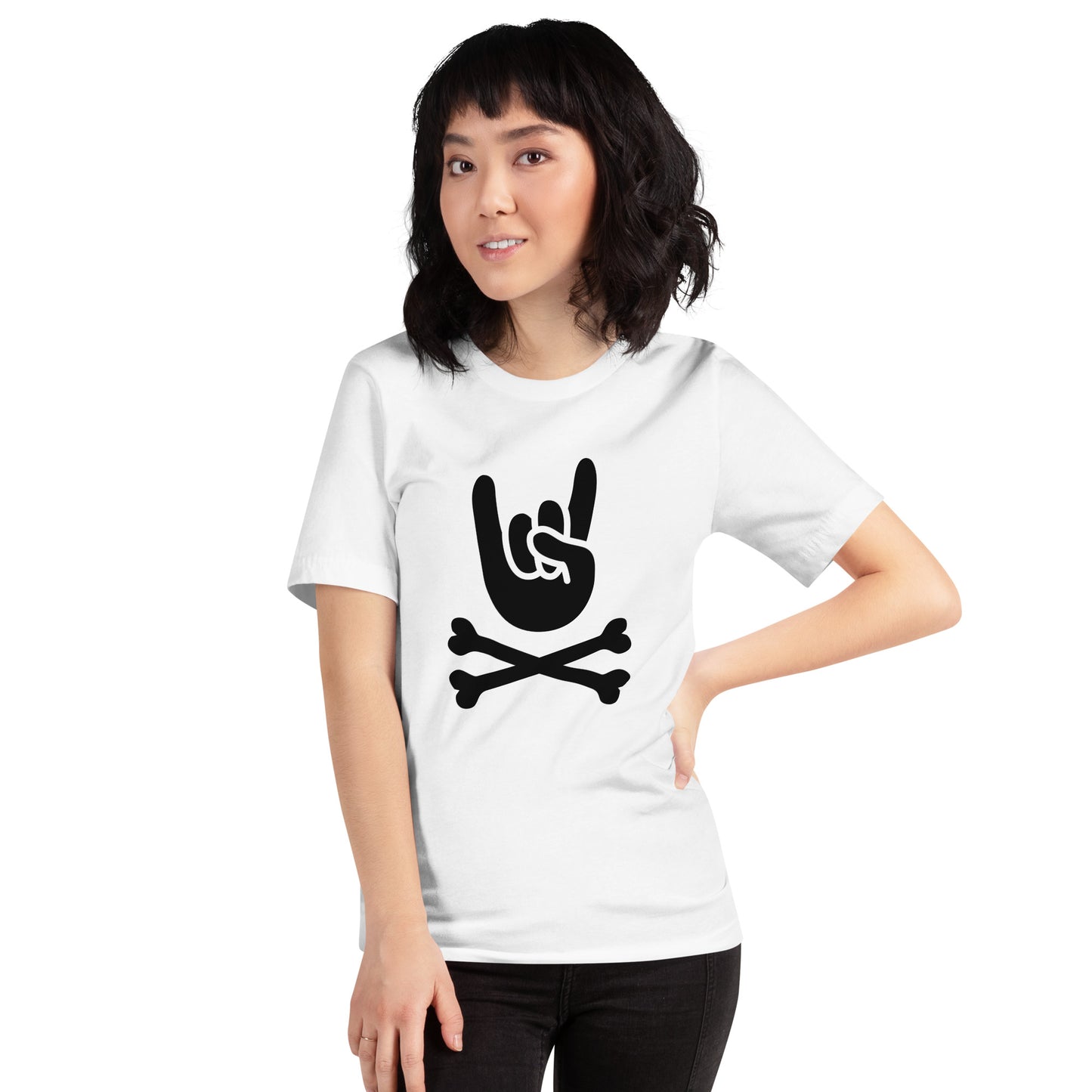 Metal Horns Up big hand to metal round neck white t-shirt women
