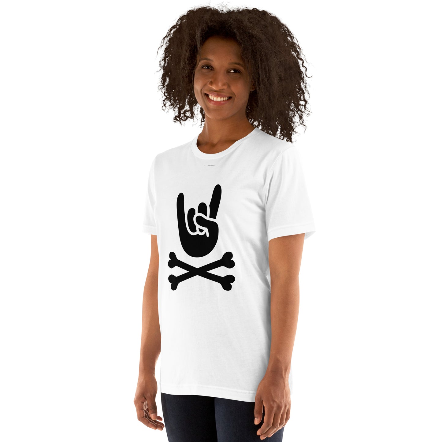 Metal Horns Up big hand to metal round neck white t-shirt women