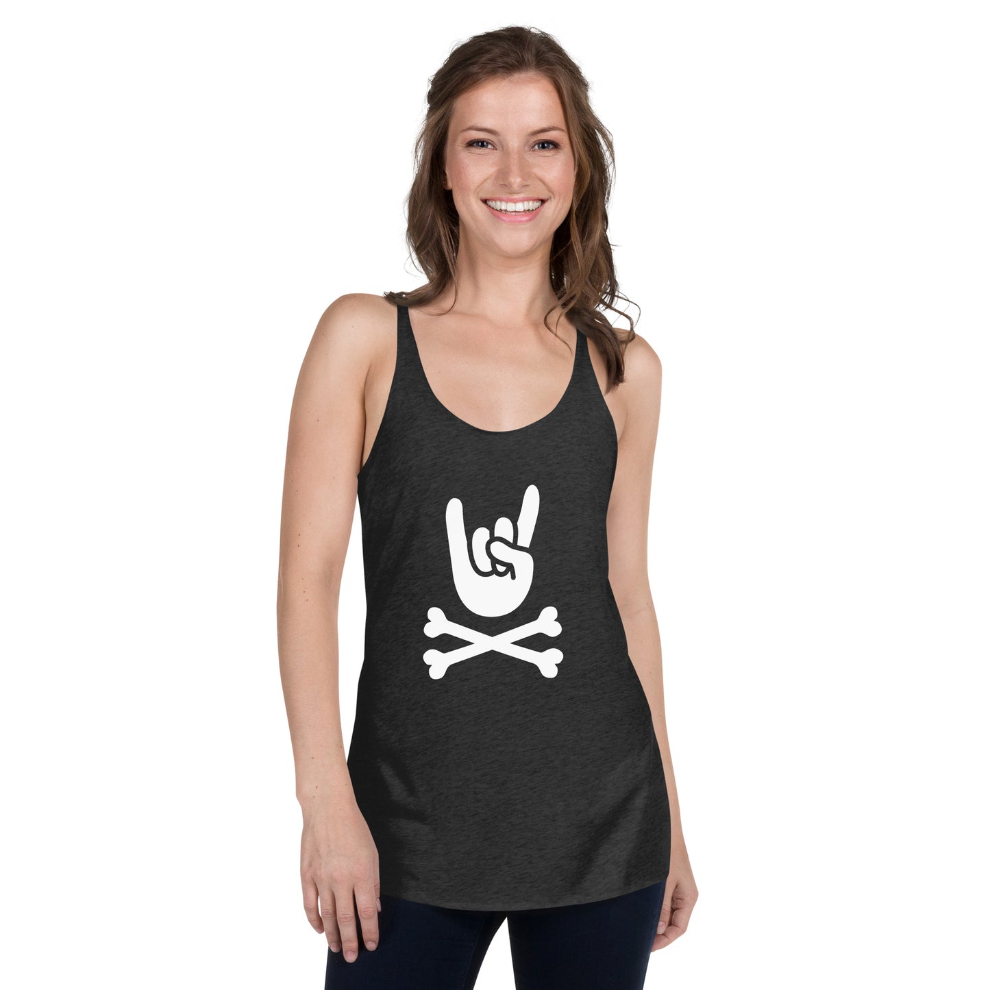 Metal Horns Up big hand to metal round neck black Racerback Tanktop women