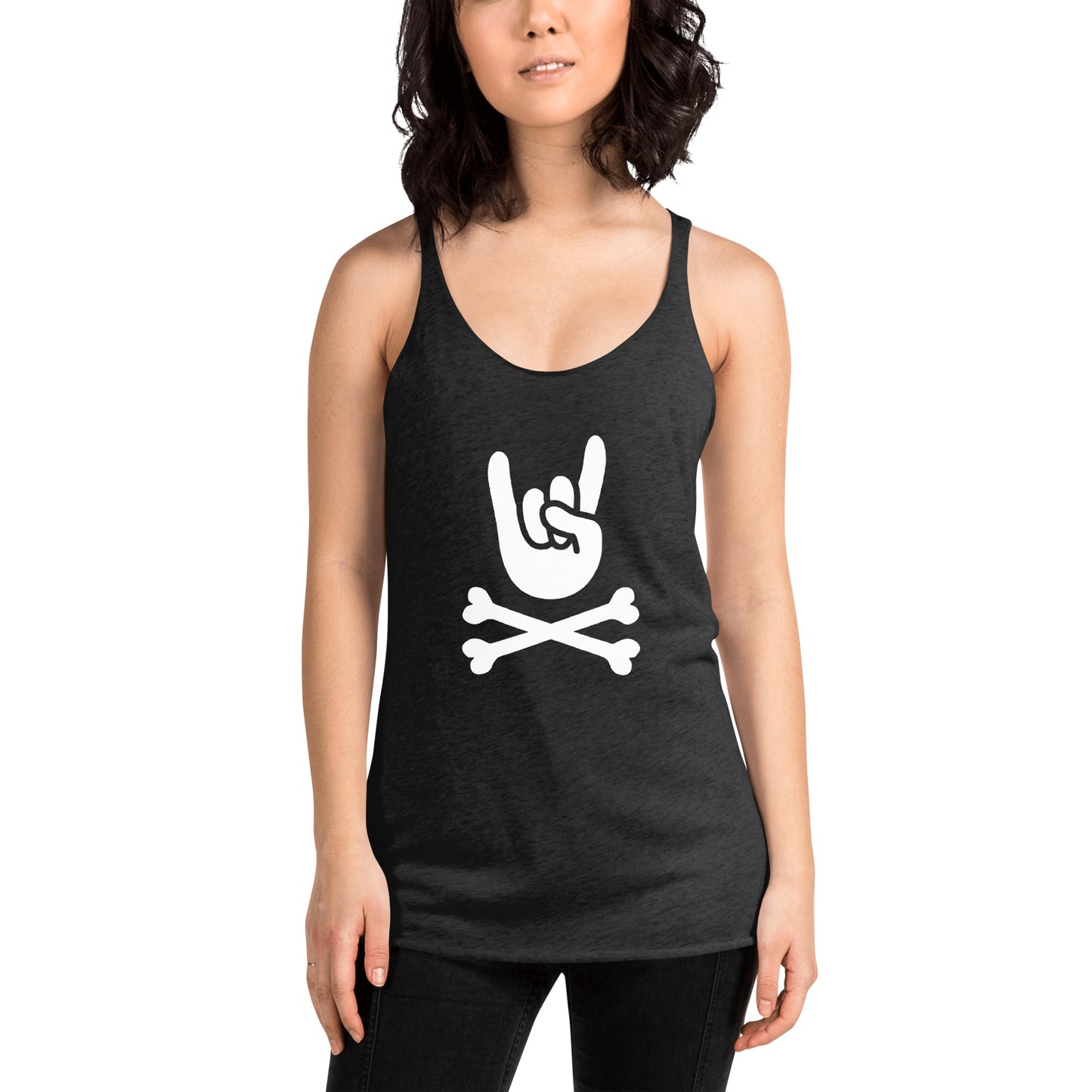 Metal Horns Up big hand to metal round neck black Racerback Tanktop women