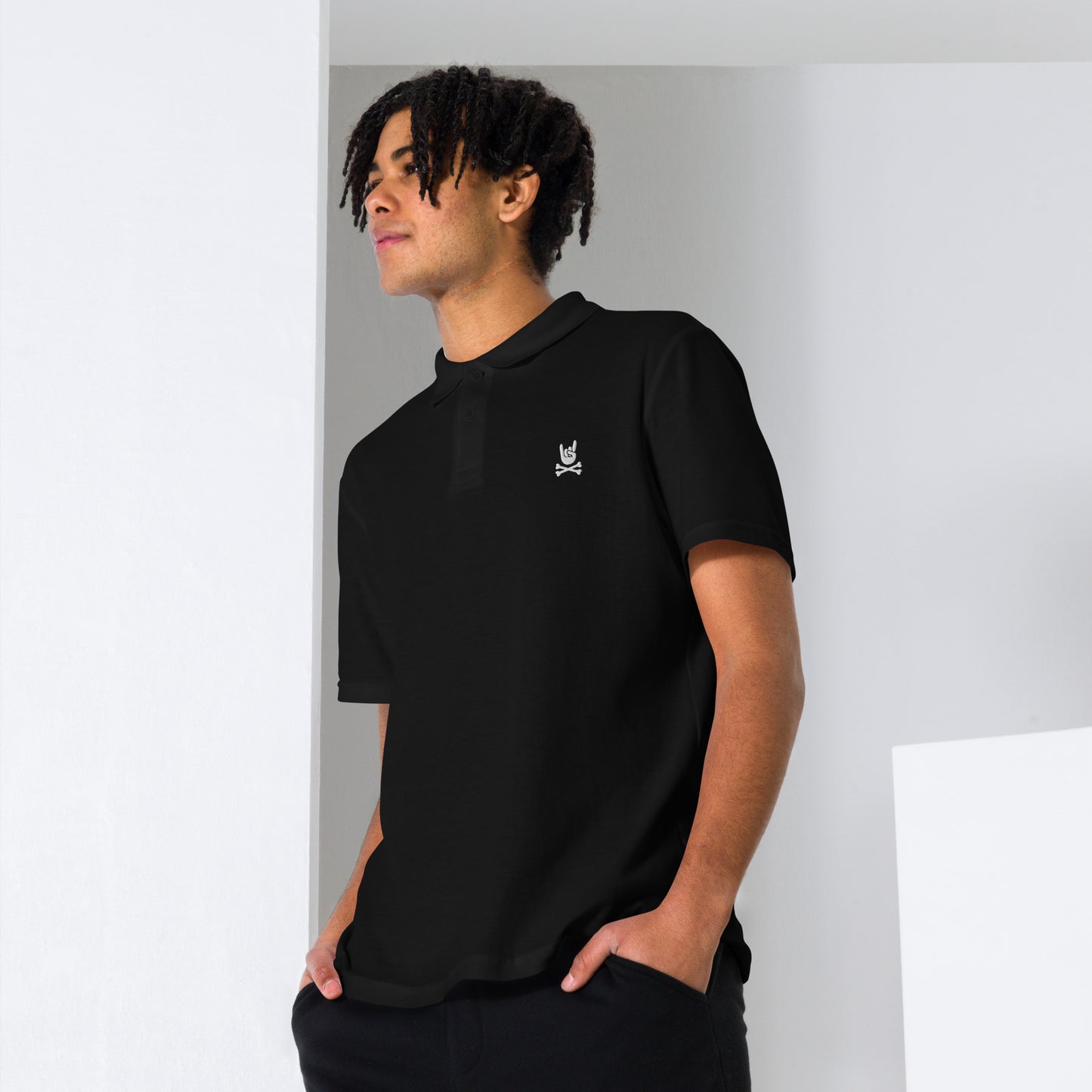 Metal Horns Up big hand to metal black pique polo shirt men