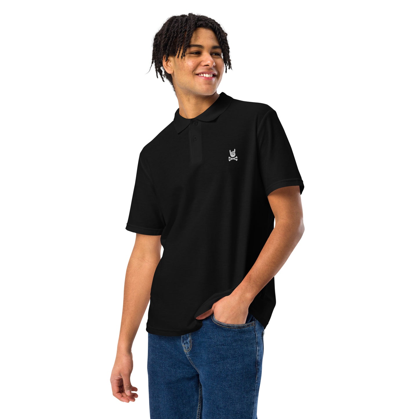 Metal Horns Up big hand to metal black pique polo shirt men