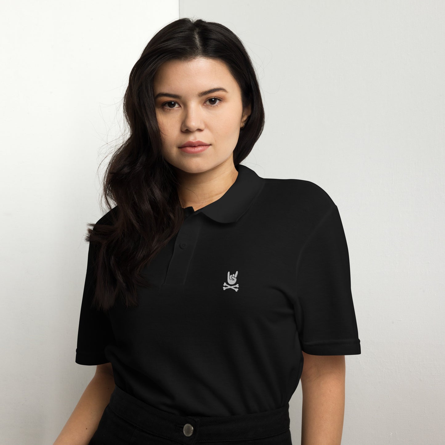 Metal Horns Up big hand to metal black pique polo shirt women