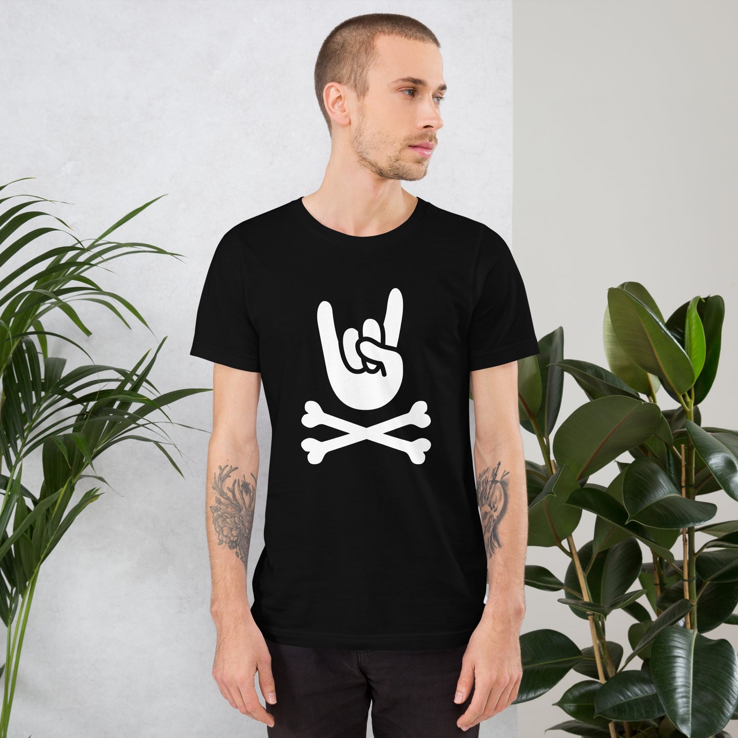 Metal Horns Up big hand to metal round neck black t-shirt men