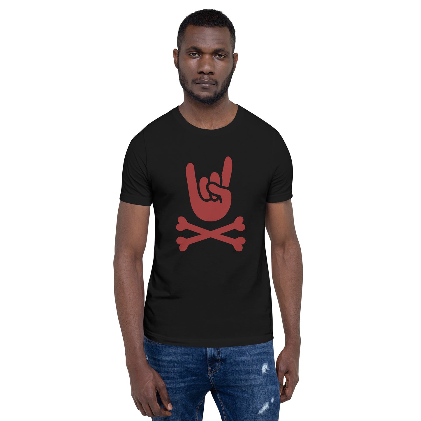 Metal Horns Up big hand to metal ReD round neck black t-shirt men