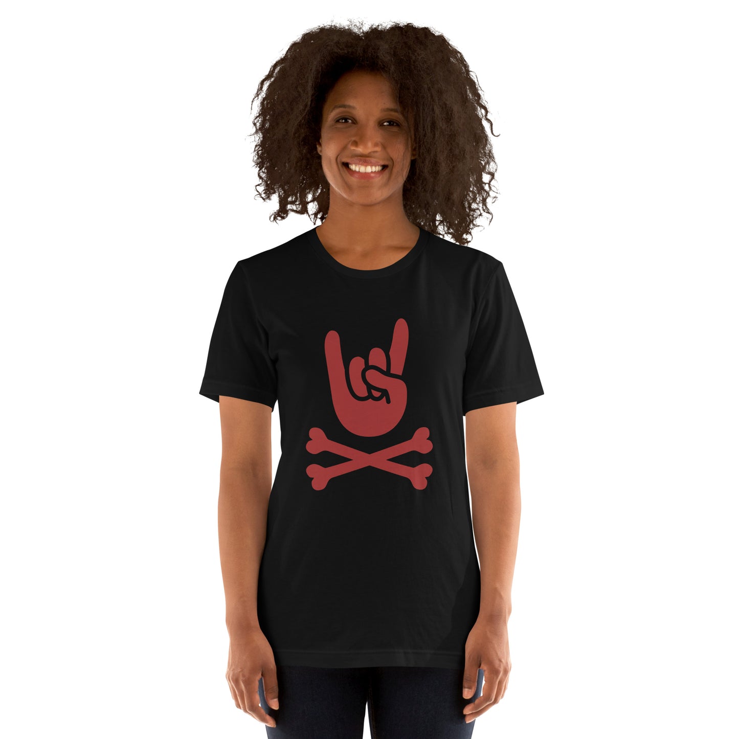 Metal Horns Up big hand to metal ReD round neck black t-shirt Women