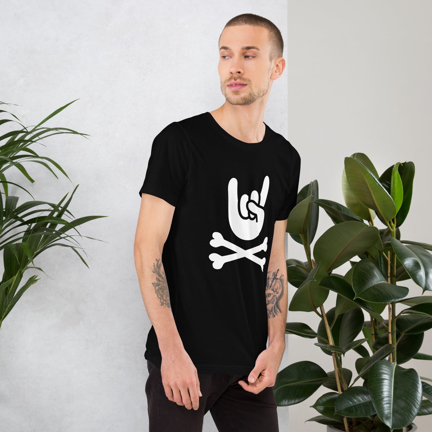 Metal Horns Up big hand to metal round neck black t-shirt men